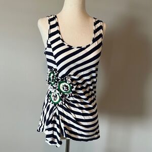 Little Yellow Button sz S navy white striped with ruffle cinch felt detail